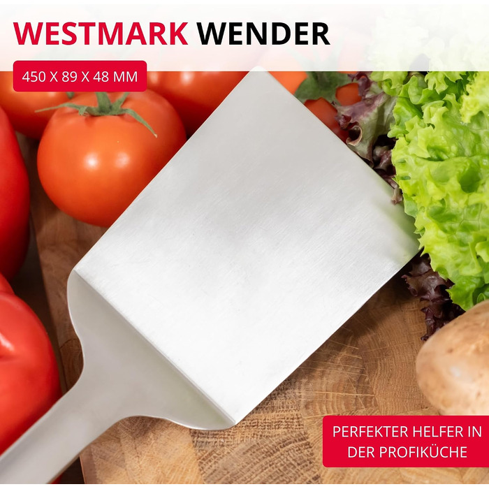 Лопатка для смаження Westmark Wender Pro сталева, з гачком для підвішування ідеальна для сковороди, барбекю та професійної кухні, 45 см, срібляста
