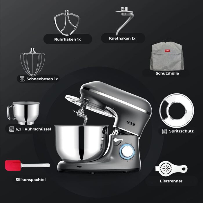 Кухонний комбайн Fentic - 2000 Вт - Чаша для змішування з нержавіючої сталі (6.2 л) - Тістомісильна машина з гачком для змішування, гачком для тіста, віночком і захистом від бризок - включаючи захисний чохол і додаткові аксесуари - Антрацит