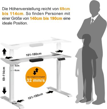 Каркас столу Mcombo з електричним регулюванням висоти, столи для роботи сидячи та стоячи, з 2 двигунами, 2-ступінчаста телескопічна конструкція, керування пам&39яттю (білий), для будь-якого стандартного офісного столу