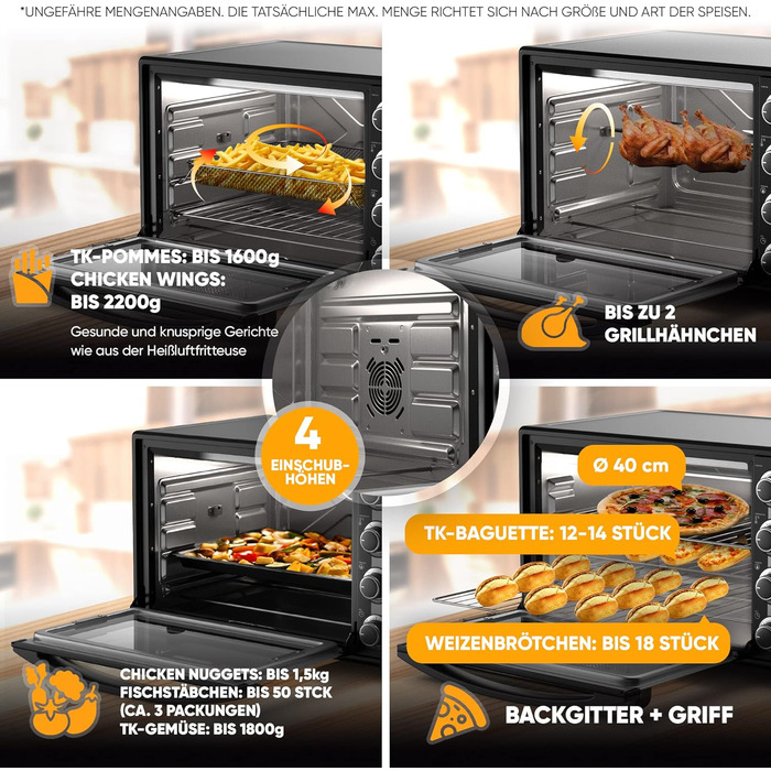 Міні-піч Stillstern з конвекцією (60 л) НОВИНКА CYCLONE PRO (антипригарне покриття), версія DE, вставка для фритюрниці, буклет з рецептами, вертел, міні-піч для піци на грилі потужністю 2200 Вт також для кемпінгу
