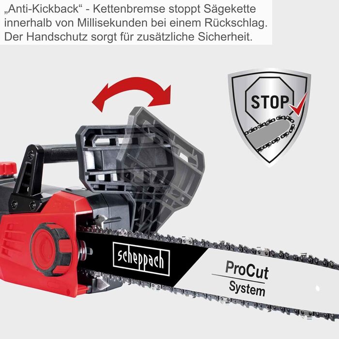 Електрична ланцюгова пила Scheppach CSE2700 потужність 2700 Вт діаметр різання 44 см шина та ланцюг ProCut 455 мм автоматичне змащення ланцюга захисний кожух з вбудованим гальмом ланцюга натяг ланцюга без інструментів