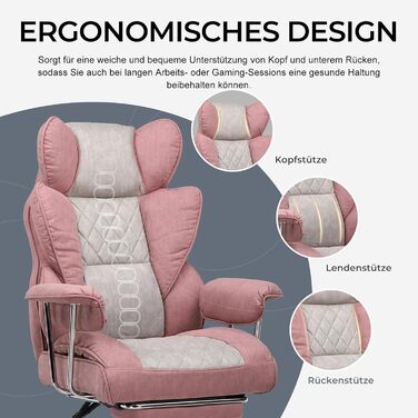 Ігрове крісло GTPLAYER, офісне крісло з пружинною опорою для попереку, ергономічне та зручне широке офісне комп&39ютерне крісло з м&39якими підлокітниками та підставкою для ніг, що виходять назовні, рожева тканина