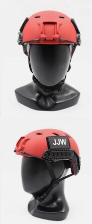 Тактичний рятувальний шолом червоного кольору із захисними окулярами та системою MOLLE, може використовуватися із сигнальними ліхтарями, прожекторами та високопродуктивними ліхтарями в тактичних іграх або рятувальних операціях.