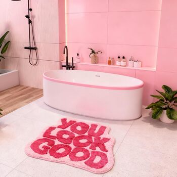 Килимок для ванної HARY, рожевий, 50 x 80 см, килимок для ванної You Look Good, барвистий, асиметричний килимок для ванної кімнати, килимок для ванної, нековзний килимок для душу, рожевий килимок з дофаміновим декором, роздягнися