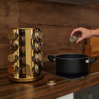 Карусель для спецій Relaxdays, 16 банок для спецій, обертається на 360, нержавіюча сталь, скло, В x Г 27,5 x 20 см, кругла підставка для спецій, золота