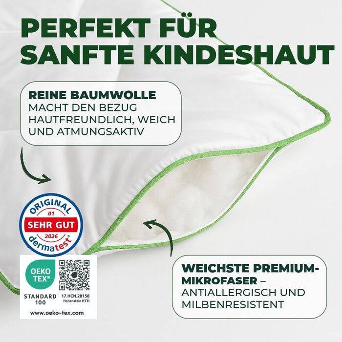 Дитяча подушка Welldora 40x60 см плоска дитяча подушка (16 років), антибактеріальна та антиалергенна, чохол зі 100 бавовни, сертифікована Oeko-TEX, можна прати та з любов&39ю розроблена 40x60 см