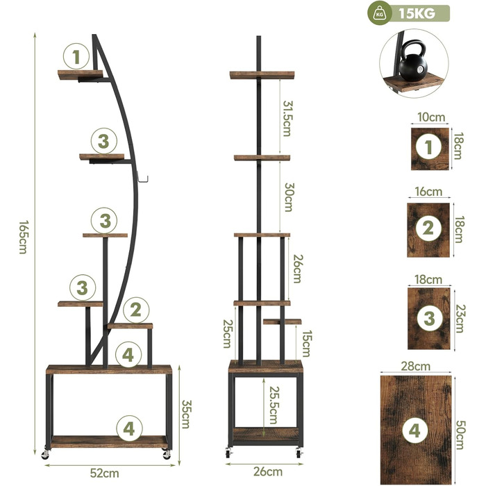 Підставка для рослин з лампою для вирощування, 7-рівнева підставка для квітів (165 см), полиця для рослин з металу та дерева з фіксуючими колесами, підставка для квітів для внутрішнього/зовнішнього використання, декоративна підставка для квітів для саду а
