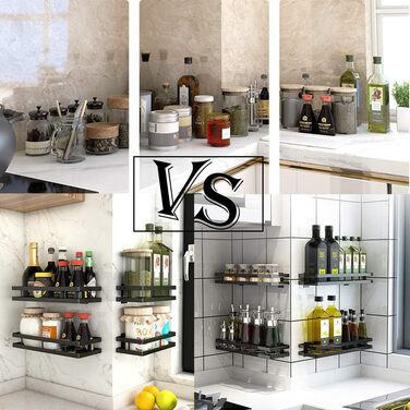 Настінна полиця для спецій, не потребує свердління, комплект з 2 шт. з кухонною штангою, підвісна кухонна полиця, полиця для спецій на дверцята шаф, полиця для душу з нержавіючої сталі для кухні, ванної кімнати, балкону, 35 x 12 x 5,7 см, чорна