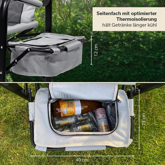 Кемпінгове крісло Skandika Tepsa Зручне розкладне крісло зі столиком та відділенням-холодильником, до 150 кг, складне, з підсклянником Розкладне крісло для кемпінгу, наметів, фестивалів, риболовлі, пляжу, сіре