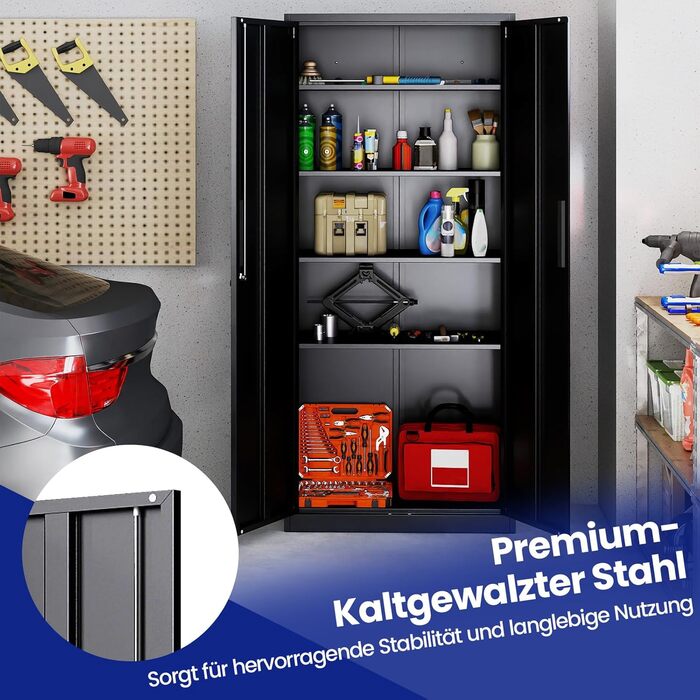 Шафа для документів COSTWAY із замком, металева шафа 180 см з подвійними дверима та 4 регульованими полицями, сталева офісна шафа, багатоцільова шафа/майстерня для офісу, вітальні, гаража, чорна 80 x 40 x 180 см