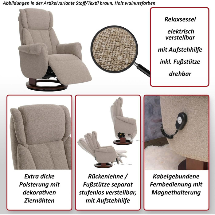 Крісло для відпочинку MCA підйомник HWC-N58, Крісло для телевізора з підставкою для ніг, тканина букле, дерево - сірий, натуральне дерево