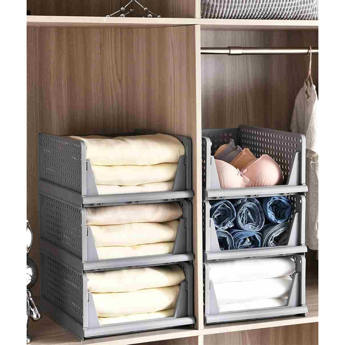 Набір ящиків із 4 предметів, гардеробний органайзер, штабелювана шафа, полиця для зберігання, пластиковий роздільник, штабелювані ящики для одягу, кухня, спальня, сірий