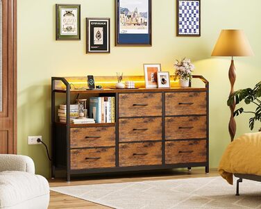 Комод ODK, шафа з шухлядами та світлодіодною стрічкою (10 регульованих кольорів), 2 розетки USB та 2 розетки змінного струму, 8 тканинних шухляд, комод для вітальні/спальні, 110*30*88 см, вінтажний