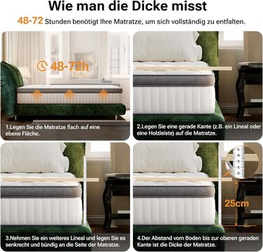 Матрац TXO 140x200 см, висота 25 см, пружинний матрац кишенькової форми, рівень жорсткості H3, 7-зонний пружинний матрац з високоякісною піною для підтримки спини, сертифікований Oeko-Tex та CertiPUR, 140 x 200 см