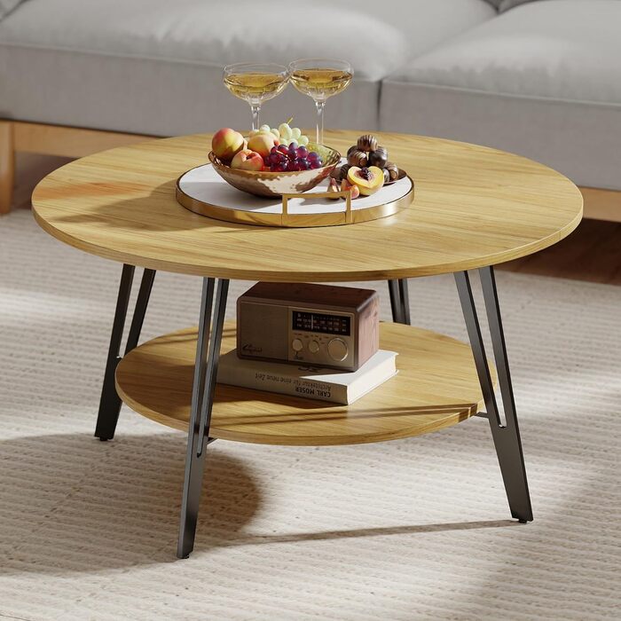Круглий дерев&39яний журнальний столик Manora з подвійним відділенням для зберігання, круглий стіл для вітальні, дерев&39яний бічний столик з металевою основою, сучасний дизайн круглого дивана-столика для вітальні (дуб, C25298) Меблі для вітальні з дуба