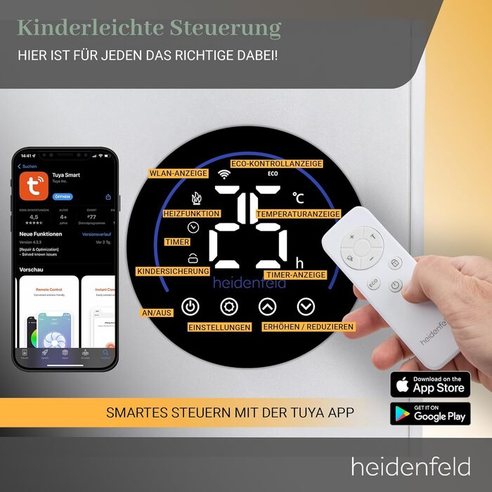 Інфрачервоний обігрівач та конвектор Heidenfeld HF-HP150 1000 Вт для площі до 25 м Гібридне опалення Керування за допомогою застосунку Дистанційне керування Сенсорна панель керування Інфрачервоний обігрівач з термостатом (HF-HP150 1000 Вт)