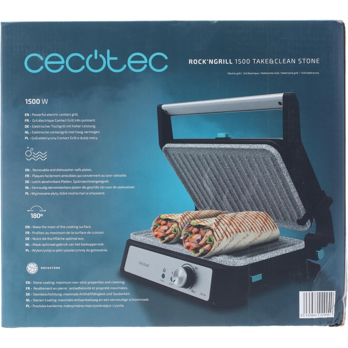 Електричний гриль Cecotec Rock'n Grill 1500 Take&Clean Stone. 1500 Вт, покриття RockStone, знімні пластини, можна мити в посудомий