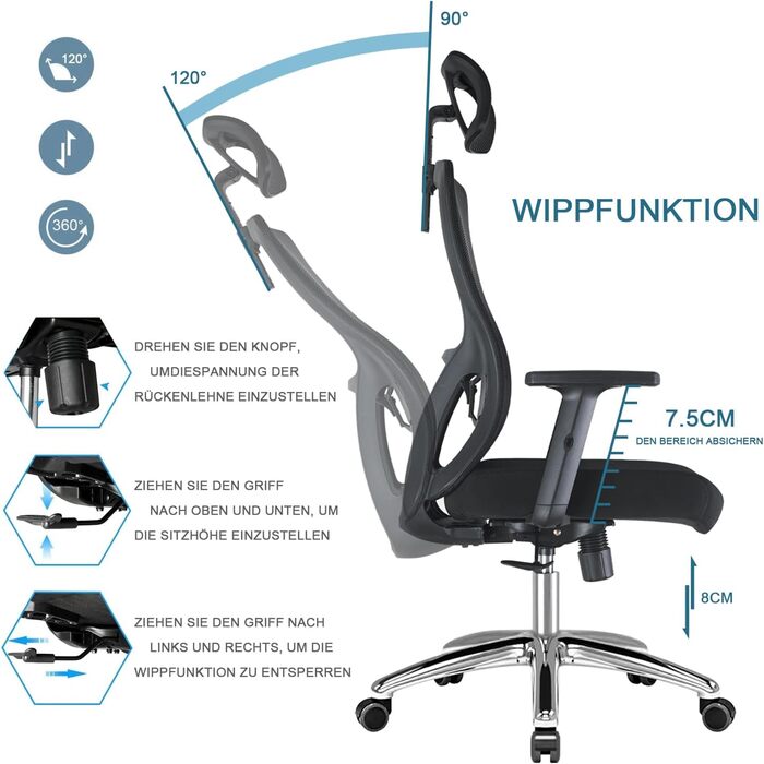 Ергономічне офісне крісло, стілець для роботи, офісне крісло з підголівником, підлокітниками, поперековою опорою, регулюванням висоти, гойданням 90-120, обертовим кріслом, вантажопідйомність 150 кг 01