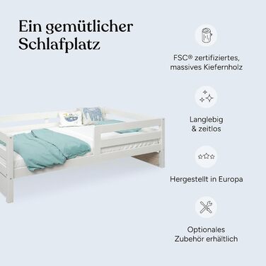 Дитяче ліжко Ehrenkind Sona з масиву сосни, біле, 120x200 см із захистом від падіння