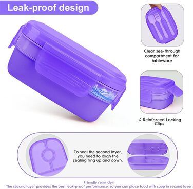 Великий обідній бокс-бенто для дорослих, 1901 мл, герметичний контейнер для ланчу з набором столових приборів для роботи, пікніка та їжі. Колір фіолетовий
