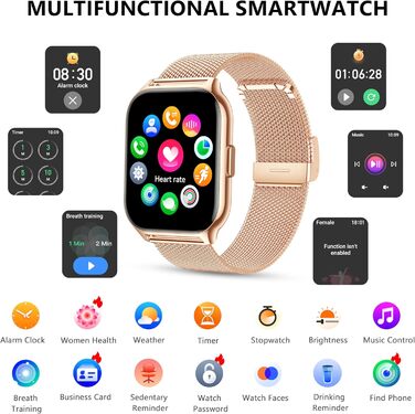 Розумний годинник для чоловіків та жінок, 2,01-дюймовий фітнес-трекер з функцією телефону/голосового помічника/нагадування про повідомлення, фітнес-годинник з монітором серцевого ритму та сну (рожеве золото, метал рожевий силікон) Рожеве золото рожевий