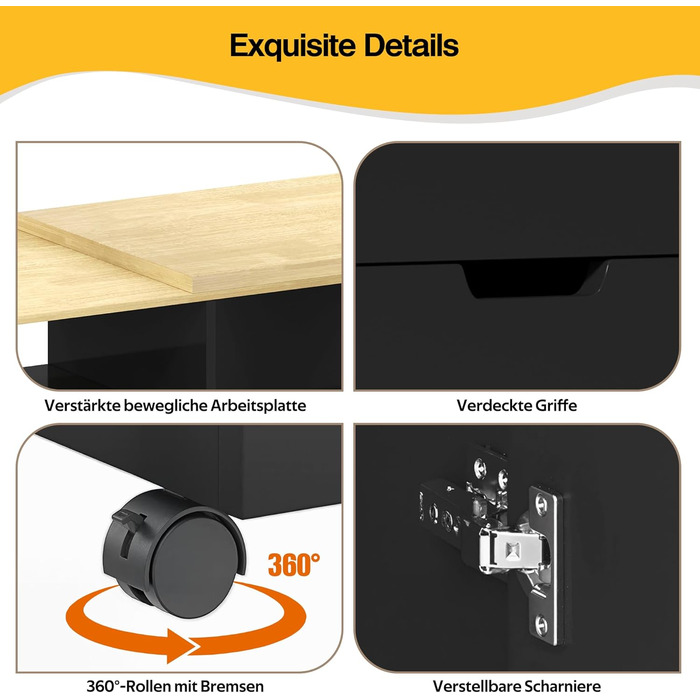 Барний стіл з місцем для зберігання, кухонний острів з висувною стільницею та функцією повороту на 360, рухомий бічний столик з тристоронніми полицями та 2 шухлядами, кавова барна стійка, чорний, 115x50x92 см A-чорнийнатуральний