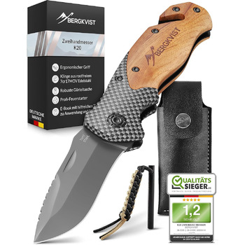 Складаний ніж BERGKVIST K20 (дворучний) з дерев'яним руків'ям та титаном - носіння дозволено - кишеньковий ніж 3-в-1 зі склом, різ