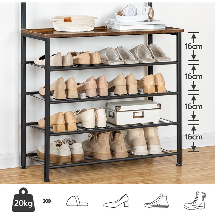 Вішалка для одягу HOOBRO, Вішалка для взуття з шафою, Вішалка для одягу з місцем для зберігання взуття, Шафа для взуття з 5 полицями, для передпокою, Темно-коричневий EBF80MT01G2 80 x 32 x 190 см (Д x Ш x В) Вінтажний коричневий чорний