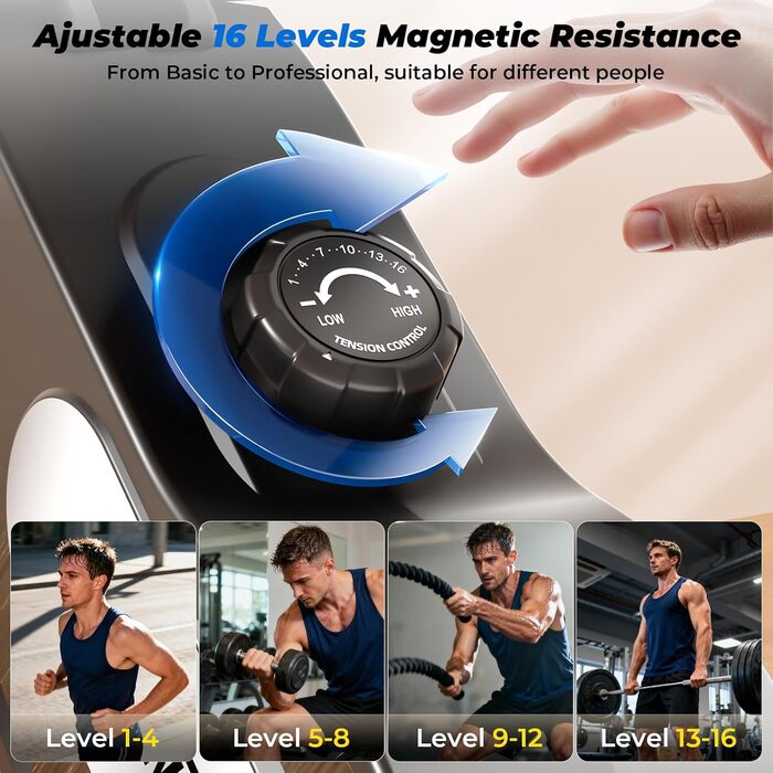 Складаний гребний тренажер ONETWOFIT для домашнього використання, степер для домашнього використання, 16 рівнів безшумного опору, фітнес-обладнання, крос-тренажер вантажопідйомністю 160 кг, сумісний із додатком, чорний