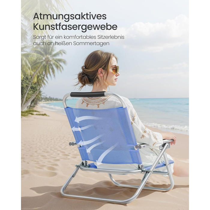 Пляжне крісло SONGMICS, портативне розкладне крісло, регульована спинка в 4 положеннях, з підлокітниками, дихаюче та зручне, вуличне крісло 1, синього кольору