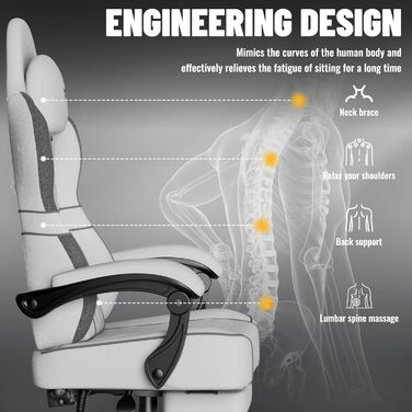 Ігрове крісло Soontrans з масажною поперековою опорою, м&39яке ігрове крісло, ергономічне ігрове крісло з підставкою для ніг, бавовна, регульована спинка 90-160, ігрове крісло (біле), суміш бавовни та льону, білий