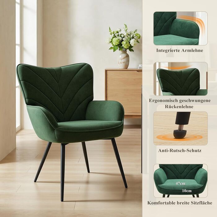 Крісло для вітальні COLAMY, оксамитове м&39яке крісло-реклайнер з високою спинкою, м&39яке комфортне крісло з дизайном відкидної спинки, крісло для відпочинку з дерев&39яними ніжками для вітальні, куточок для читання, зелений зелений 1