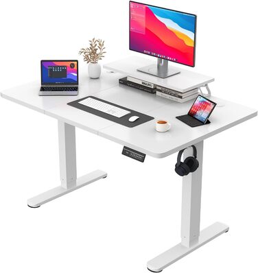 Стіл з регульованою висотою та підставкою для монітора, електричний стіл з можливістю сидіти/стояти, 120 x 60 см, білий