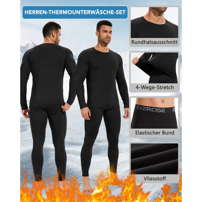 Комплект із 2 чоловічих термобілизни, функціональна білизна, комплект лижної білизни, зимова тепла флісова підкладка, довга білизна, дихаюча термомайка для чоловіків, чорний/чорний, XXL