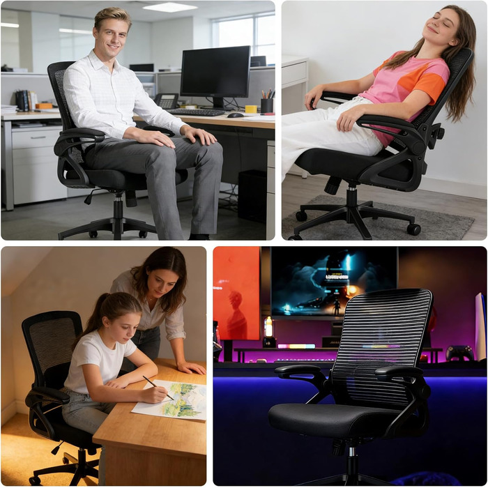 Ергономічне офісне крісло, стілець для роботи зі складними підлокітниками, регульоване по висоті офісне крісло з регульованою поперековою опорою та безшумними колесами, крісло для керівника, вантажопідйомність 120 кг, поперекова опора 4D