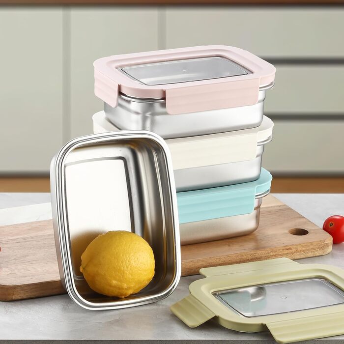 Контейнери для зберігання продуктів Misichao з нержавіючої сталі з кришками, штабелювані контейнери для їжі для кухні та комори, герметичні, багаторазові, металеві ланч-бокси Bento для дітей та дорослих, 650 мл, 4 білих жовтих рожевих зелених 650 мл 650 м