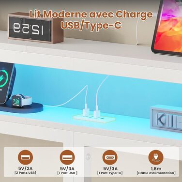 Плаваючий каркас ліжка 140x190 зі світлодіодним освітленням та зарядною станцією, Плаваючий каркас ліжка з узголів&39ям для зберігання, Металеве ліжко з металевою рейковою основою, Гостьове ліжко, Двоспальне ліжко, Дитяче ліжко - без матраца, 140 x 190 см