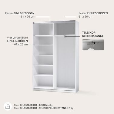 Елегантна шафа/гардеробна з дзеркальними дверима та великою кількістю місця для зберігання - Універсальна шафа з розсувними дверима білого кольору - 125 x 195 x 38 см (Ш/В/Г) Біла з дзеркалом, одинарна