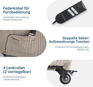 Моторне електричне крісло-реклайнер, крісло для телевізора з функцією відкидання, крісло для телевізора у вітальні з колесами, регульована спинка та підставка для ніг, 2 бічні кишені, вельветовий диван, бежевий, 2-