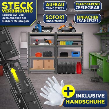 Міцний стелаж MASKO, стелаж для зберігання, підвальний стелаж, 160x160x60 см, вантажопідйомність 1200 кг, 4 регульовані полиці, панелі МДФ, металевий стелаж, стелаж без болтів, стелаж для майстерні, сталевий каркас, гаражний верстак, чорний, 4 полиці