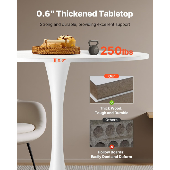 Круглий обідній стіл VEVOR, Кухонний стіл, Дерев&39яний стіл (80 см / вантажопідйомність 113,4 кг) для 2-4 осіб, Сучасні офісні столи з основою у формі тюльпана, для кухні, дому, вітальні, білий (лише стіл)