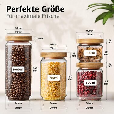 Набір банок для зберігання з кришками НОВИНКА ГЕРМЕТИЧНІ ТА ЗАХИЩЕНІ ВІД МОЛІ Скляні контейнери для зберігання з дерев&39яними кришками Банки для спецій та продуктів 300, 500, 700 та 1000 мл 4 різних розміри