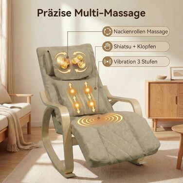 Масажне крісло-гойдалка, крісло-реклайнер, крісло для телевізора з 3-зонним масажем, масажне крісло з функцією підігріву, регульований підголівник та підставка для ніг, знімний чохол, вантажопідйомність 150 кг, світло-коричневий колір