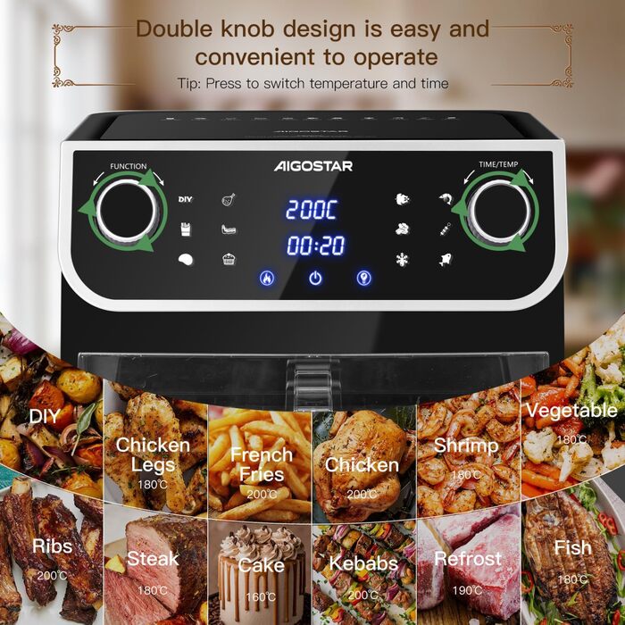 Фритюрниця 8 л з оглядовим вікном, 12 програм, цифровий світлодіодний сенсорний екран, фритюрниця з гарячим повітрям із книгою рецептів, без олії, можна мити в посудомийній машині, срібло без BPA 1700 Вт 8 л