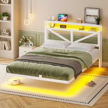 Плаваючий каркас ліжка 140x200 зі світлодіодним освітленням та зарядною станцією, Плаваючий каркас ліжка з узголів&39ям для зберігання, Металеве ліжко з металевою рейковою основою, Гостьове ліжко, Двоспальне ліжко, Дитяче ліжко - без матраца, 140 x 200 см