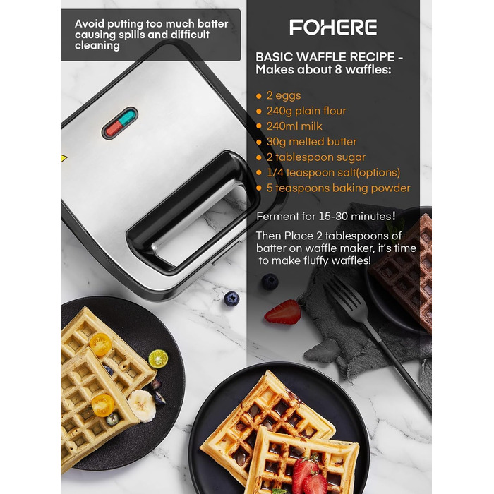 Бутербродниця FOHERE 6 в 1, вафельниця, контактний гриль, паніні, солодкі тістечка, антипригарне покриття для легкого очищення, двостороннє випікання при постійній температурі, без бісфенолу А, 750 Вт