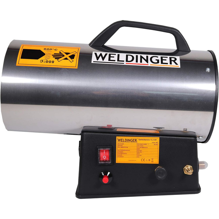 Газовий обігрівач WELDINGER 13,3 кВт з нержавіючої сталі з п&39єзоелектричним запалюванням, шлангом регулятором, будівельний обігрівач, вентилятор-обігрівач