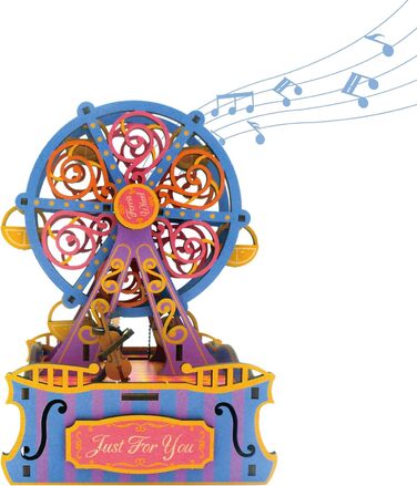 Музична скринька Tonecheer Дерев'яний 3D-пазл, набір моделей для сім'ї котів своїми руками для дорослих, обертова музична шкатулка, дерев'яна головоломка Подарунки для прикраси будинку Подарунок на день народження Різдвяні підлітки (колесо огляду)