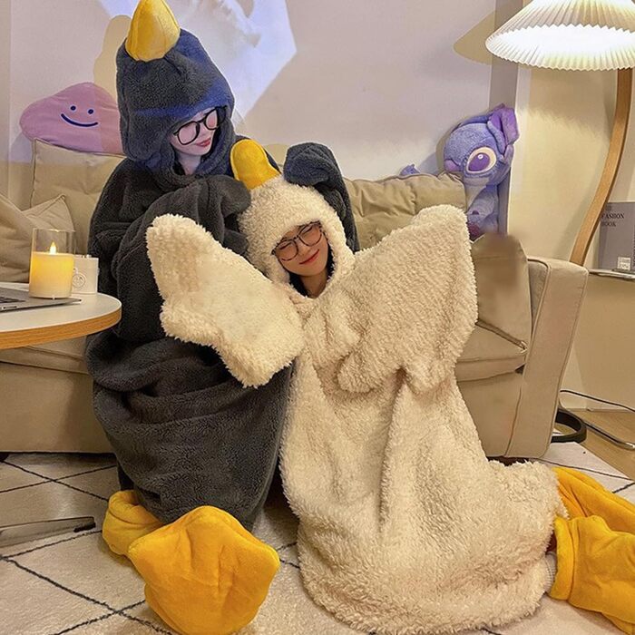 Великий портативний плед Білий гусак кумедний комбінезон з капюшоном для пар, товстий кораловий фліс, гігантський спальний мішок, костюм для косплею, затишний одяг для сну, зима, тепла, піжами, нічна білизна, білий 42