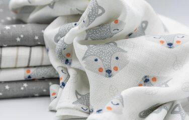 Муслінові серветки Clever Kids упаковка 5 лисичка світло-сіра та зірочки Oeko-TEX подвійне плетіння 70x80 серветки для відрижки (л